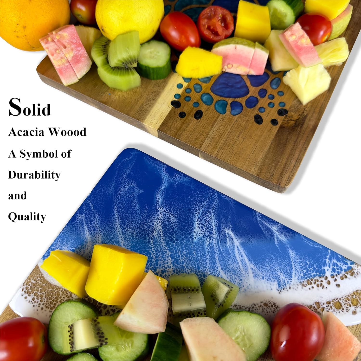 Acacia Wood Cutting Board With Blue Resin Wave & Sea Turtle Epoxy Resin Ocean Pan for Kitchen Meal Prep Serving Tray Versatile Cheese & Charcuterie Board for Meat Vegetable Gift 15*10 inch