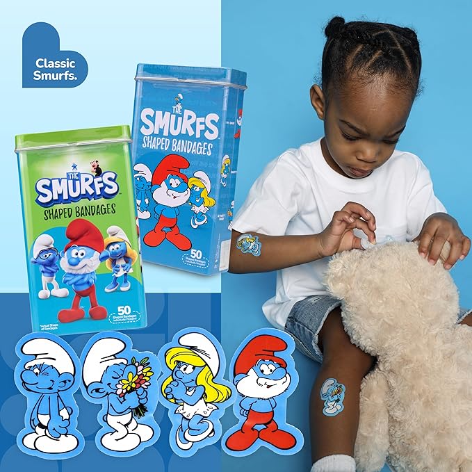 BioSwiss Bandages, The Smurfs Shaped Self Adhesive Bandage, Latex Free Sterile Wound Care, Fun First Aid Kit Supplies for Kids and Adults, 50 Count