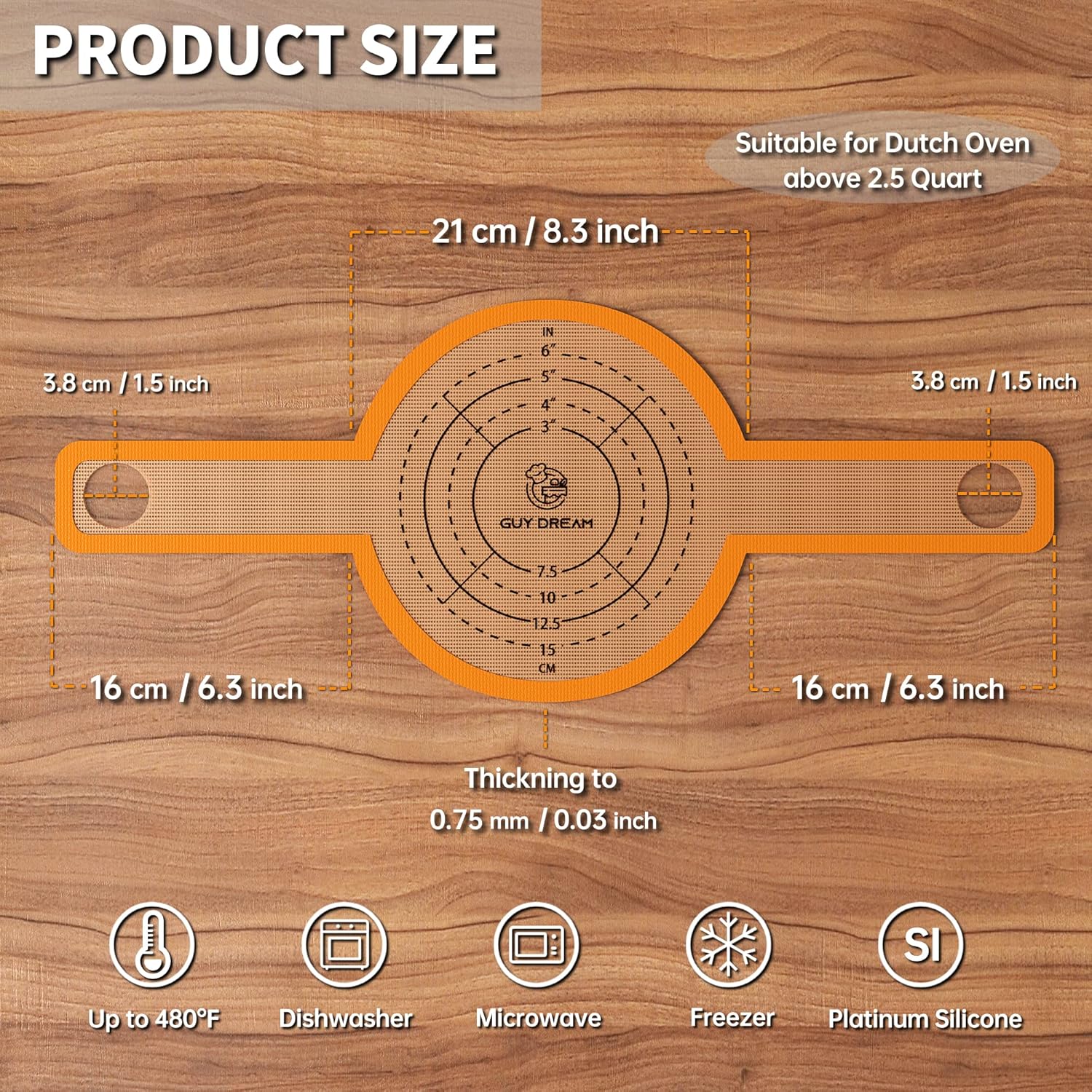 GUYDREMAT Silicone Baking Mat for Dutch Oven 2PCs - Non-stick Bread Sling - 8.3 Inch Reusable Bread Baking Mat – Silicone Cast in Iron Oven Liner with Long Handles for Artisan Bread