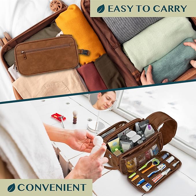 PAVILIA Toiletry Bag for Men Women, Mens Travel Bag Toiletries Organizer Case for Grooming, Travel Essentials Shaving Dopp Kit, PU Leather Water Resistant Cosmetic Pouch, Brown