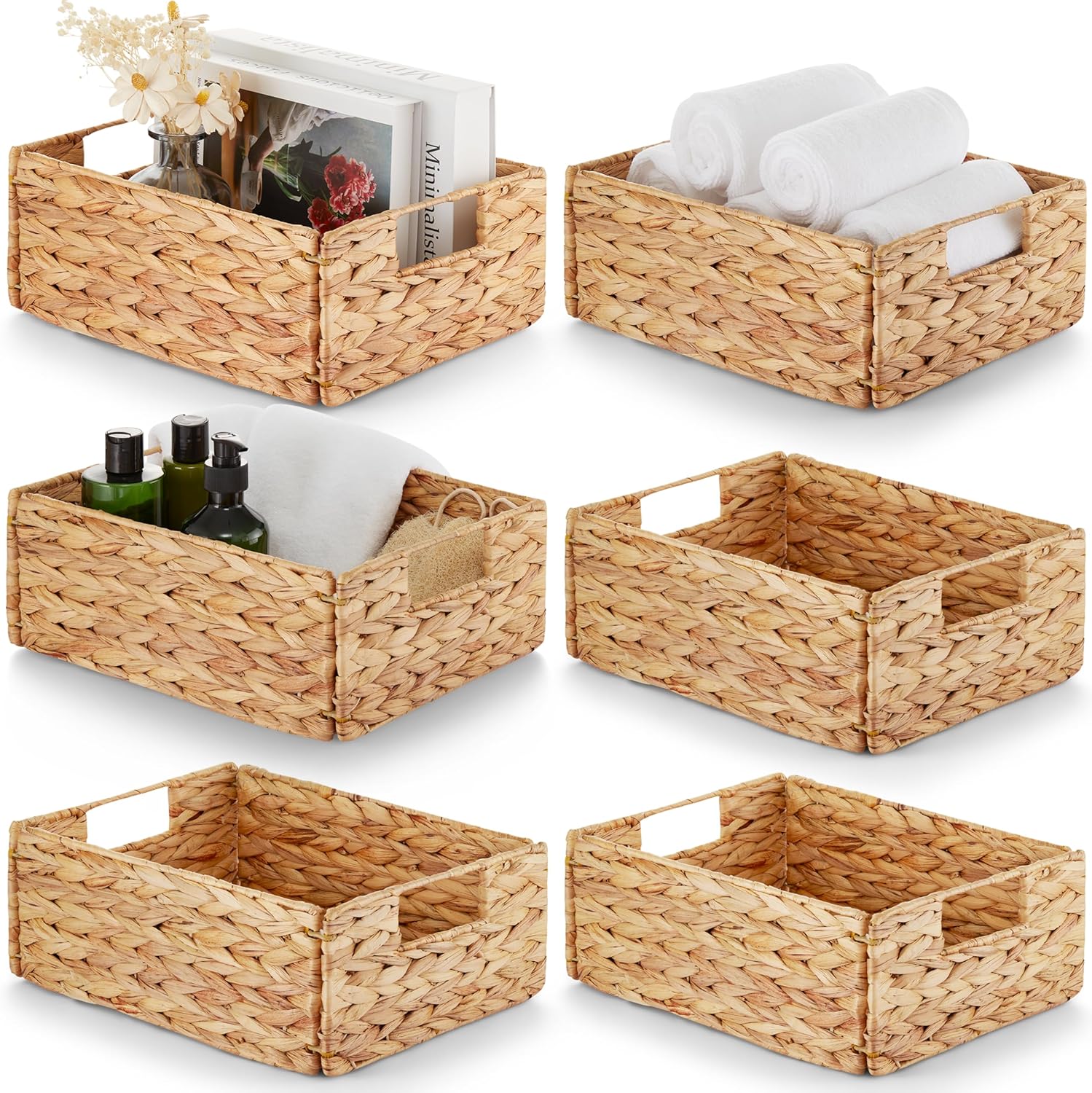 BLUEWEST Water Hyacinth Storage Baskets (Set of 6) – Woven Hyacinth Organizer with Carrying Handles, Laundry Basket for Organizing, Rattan Bin for Shelves
