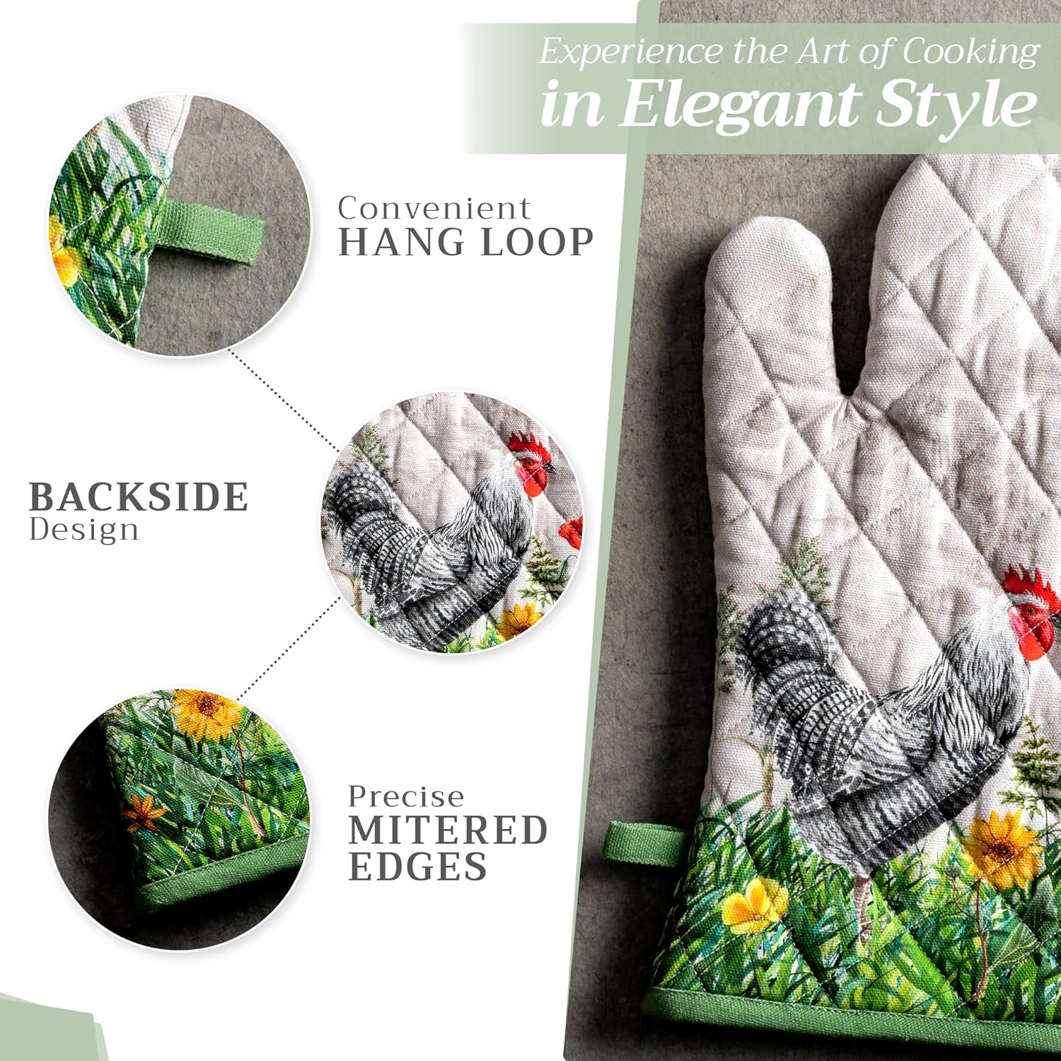 Maison d' Hermine 100% Cotton Oven Mitt & Pot Holder Set (7.5"x13" & 8"x8") Heat Resistant BBQ Cooking Gloves with Loop, Baking, Grilling, Kitchen, Handling Hot Pans Spring/Summer (Basse Cour)