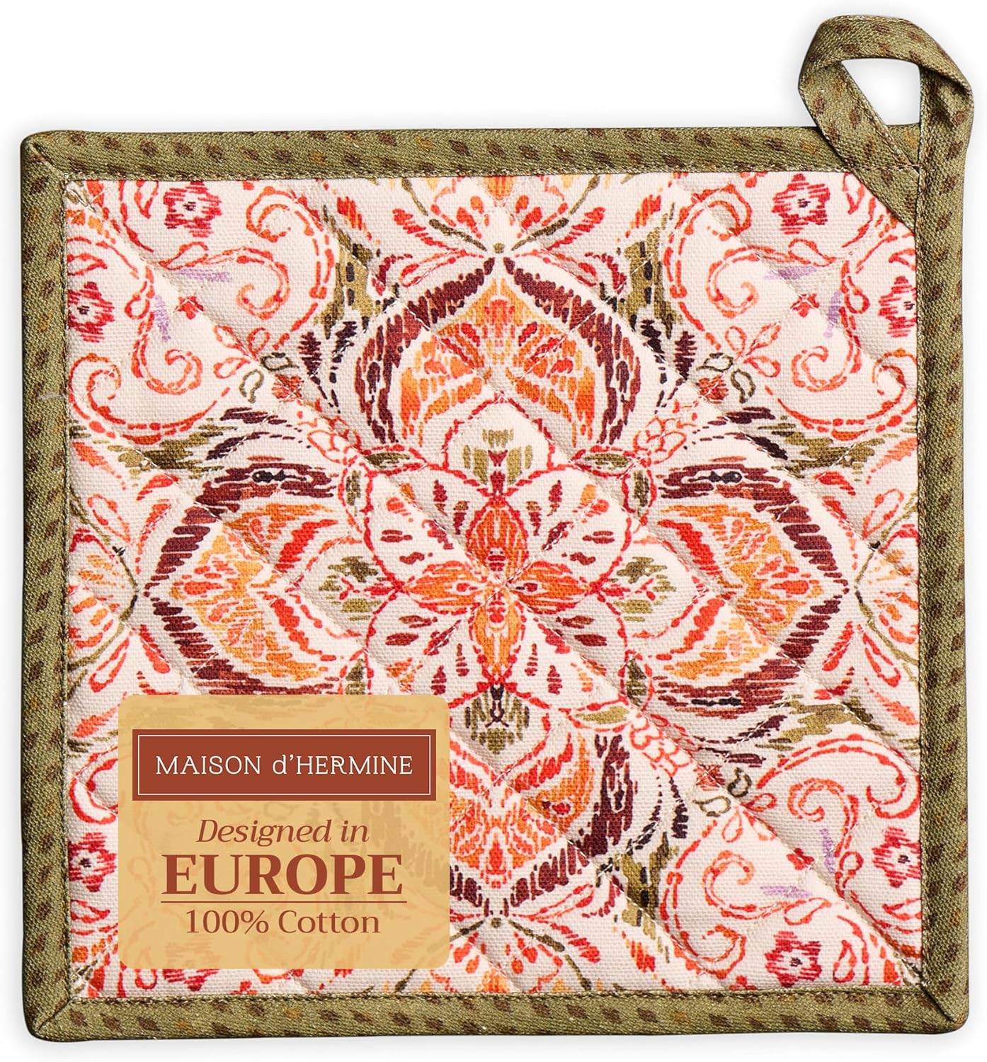 Maison d' Hermine Pot Holders 100% Cotton Heat Resistant Potholders 8" x 8" Hot Pads with Loop BBQ, Cooking, Baking, Grilling, Kitchen, Handling Hot Pans (Pack of 1, Damask)