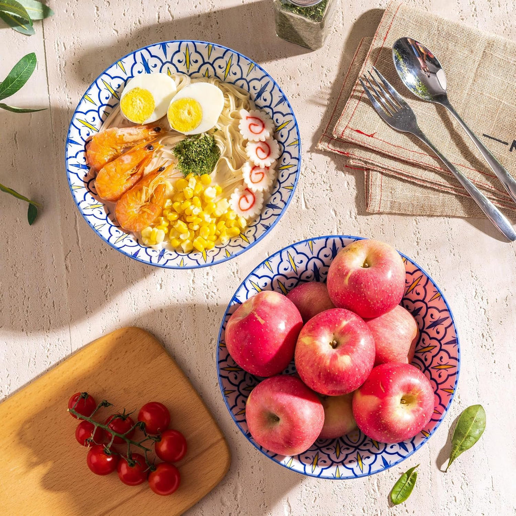 Ceramic Serving Bowls 8 Inch Set of 2, Large Bowls for Pasta Soup Fruit Ramen Cereal, Dinner, Salad, Oatmeal, Microwave & Dishware Safe, Colorful Bohemian Style