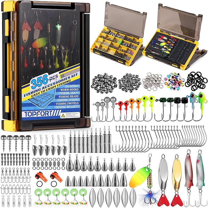 TOPFORT 187/343pcs Fishing Accessories Kit, Organized Fishing Tackle Box with Tackle Included, Fishing Hooks, Fishing Weights Sinkers, Fishing Gear and Equipment, Fishing Gift for Men