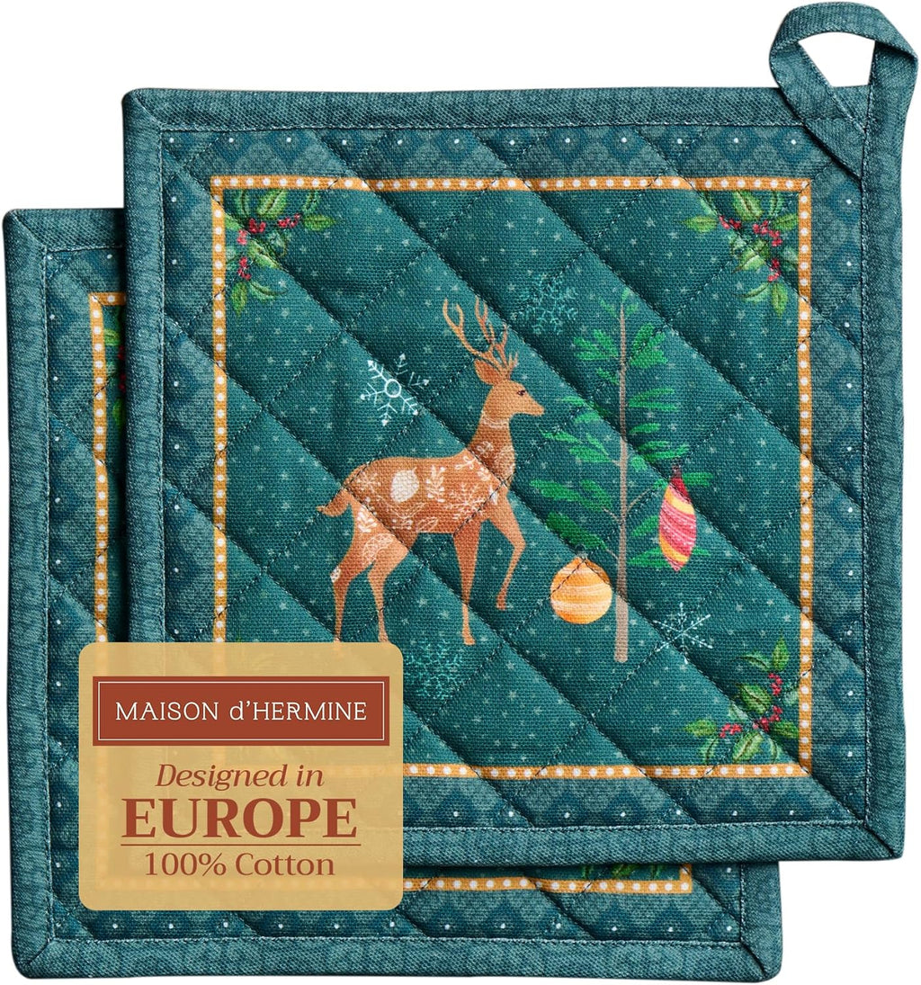 Maison d' Hermine Pot Holders Set 100% Cotton Heat Resistant Potholders 8" x 8" Hot Pads with Loop BBQ, Cooking, Baking, Grilling, Kitchen, Handling Hot Pans (Pack of 2, Hygge Christmas)