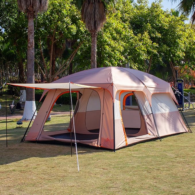 KTT Extra Large Tent 10-12-14 Person(A),Family Cabin Tents,2 Rooms,3 Doors and 3 Windows with Mesh,Straight Wall,Waterproof,Double Layer,Big Tent for Outdoor,Picnic,Camping,Family Gathering