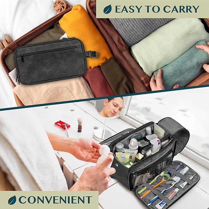 PAVILIA Large Toiletry Bag for Men Women, Mens Travel Bag Toiletries Organizer Case for Grooming, Travel Essentials Shaving Dopp Kit, PU Leather Water Resistant Cosmetic Pouch, Black