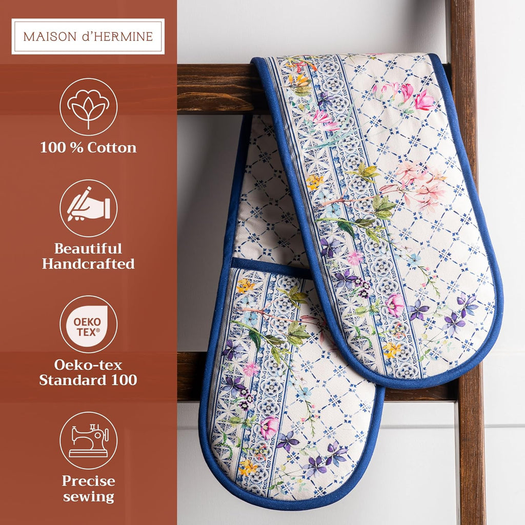 Maison d' Hermine Double Oven Mitts 100% Cotton 7"x35" Double Oven Mitt Heat Resistant BBQ Cooking Gloves with Loop, Baking, Grilling, Home, Kitchen, Handling Hot Pans Spring Summer (Faience)