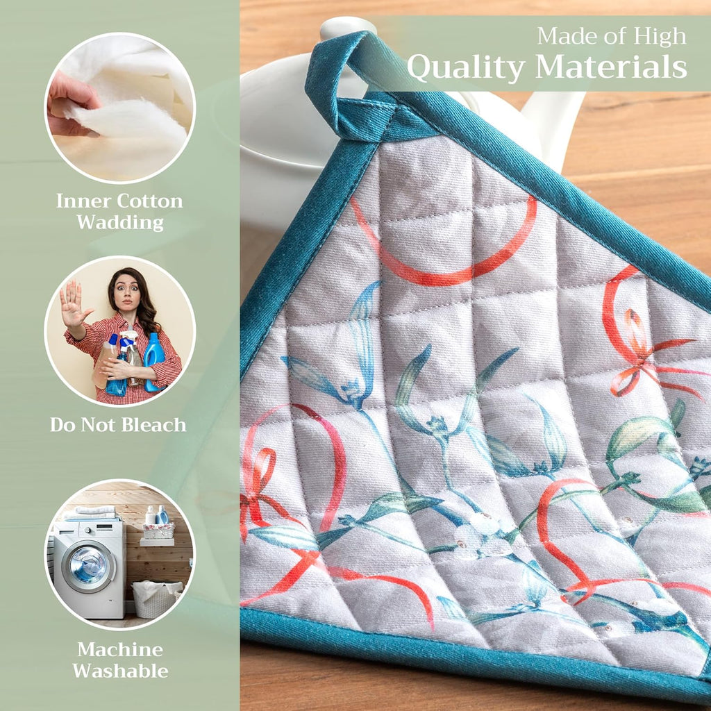 Maison d' Hermine Pot Holders Set 100% Cotton Heat Resistant Potholders 8" x 8" Hot Pads with Loop BBQ, Cooking, Baking, Grilling, Kitchen, Handling Hot Pans (Pack of 1, Enora)