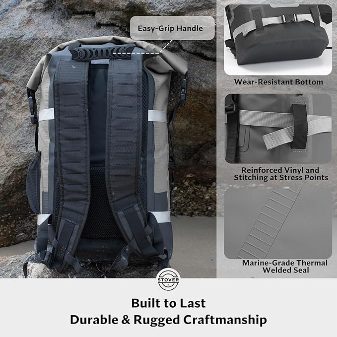 STOVER 5/10/25/30/40/55L Waterproof Dry Backpack- Large Floating Dry Bag for Kayaking, Travel, Tubing, Hiking, Fishing, Camping, Motorcycles & the Beach, Heavy-Duty Roll Top Men/Women (Grey)