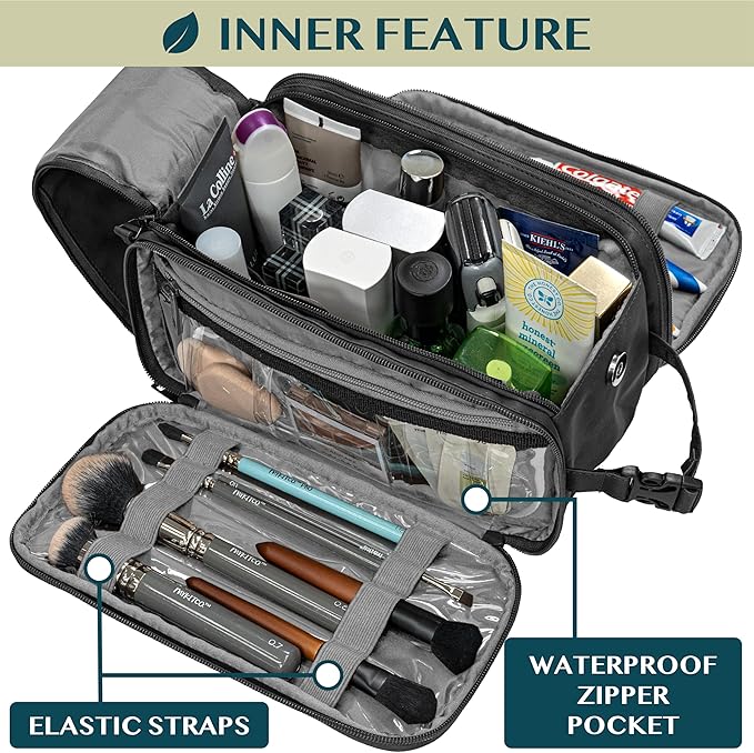 PAVILIA Toiletry Bag for Men Women, Mens Travel Bag Toiletries Organizer Case for Grooming, Travel Essentials Shaving Dopp Kit, PU Leather Water Resistant Cosmetic Pouch, Black