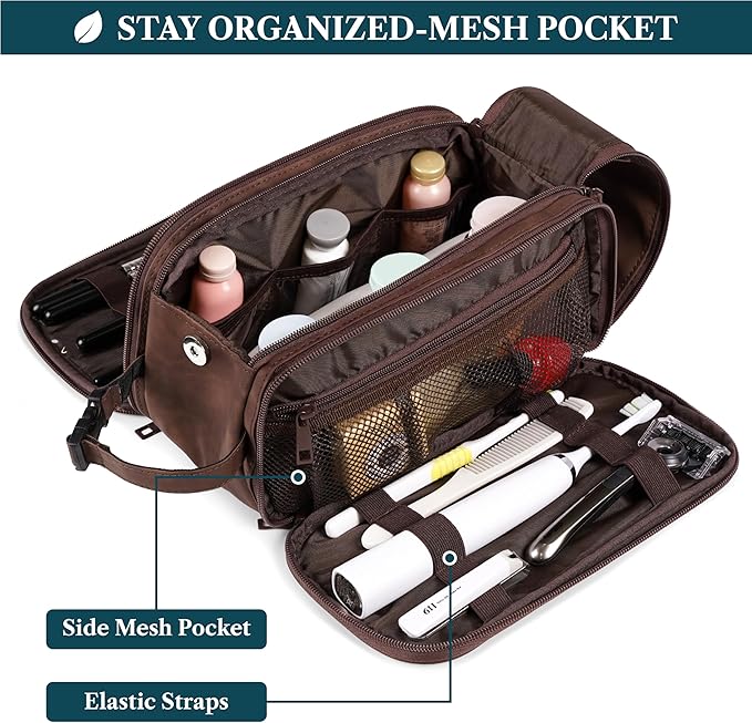PAVILIA Large Toiletry Bag for Men Women, Mens Travel Bag Toiletries Organizer Case for Grooming, Travel Essentials Shaving Dopp Kit, PU Leather Water Resistant Cosmetic Pouch, Dark Brown