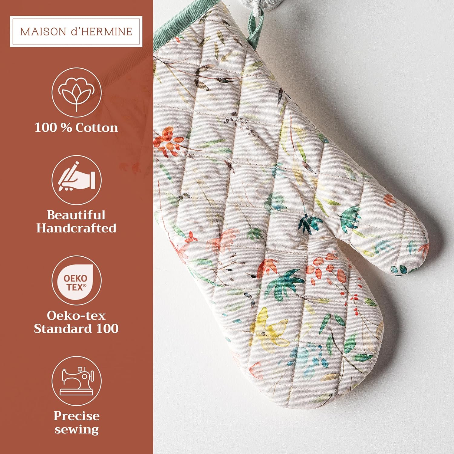 Maison d'Hermine Oven Gloves 100% Cotton Oven Mitt 7" x 13" with Loop Heat Resistant, BBQ, Cooking Gloves, Baking, Grilling, Kitchen, Handling Hot Pans Spring/Summer (Pack of 1, Colmar)