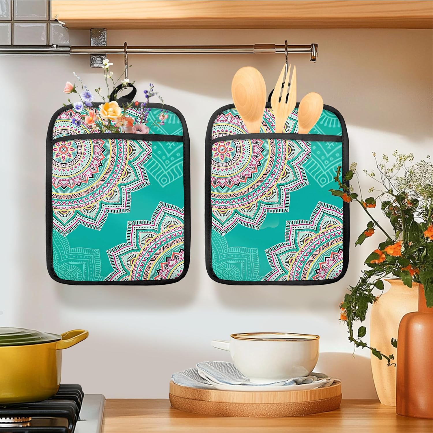 Turquoise Abstract Mandala Floral Pot Holders for Kitchen, Boho Colorful Ethnic Flower Botanical Heat Resistant Hot Pads and Oven Mitts for Baking Cooking，379 potholder