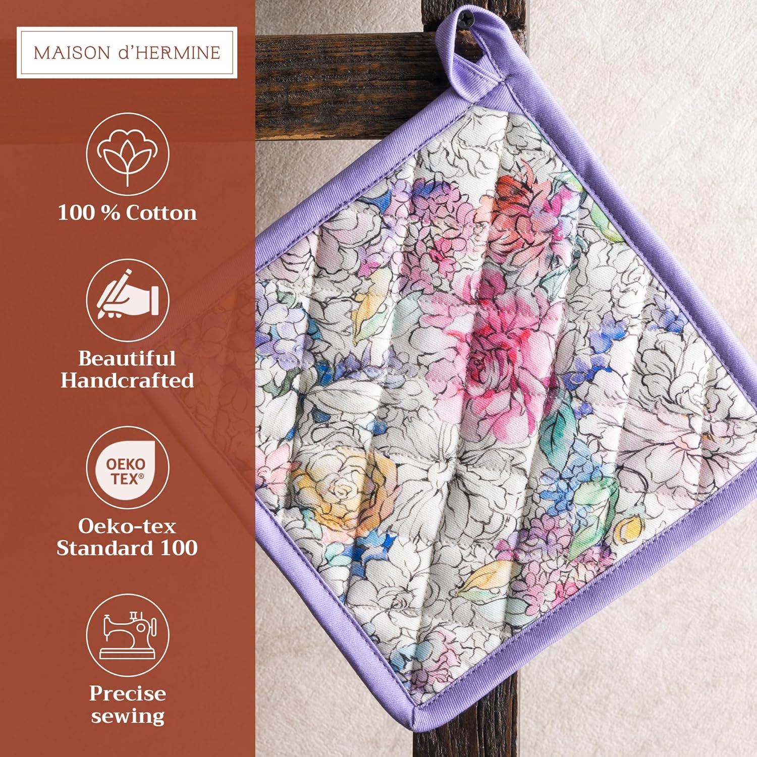 Maison d' Hermine Pot Holders Set 100% Cotton Heat Resistant Potholders 8" x 8" Hot Pads with Loop BBQ, Cooking, Baking, Grilling, Kitchen, Handling Hot Pans Spring/Summer (Pack of 2, Floral Love)