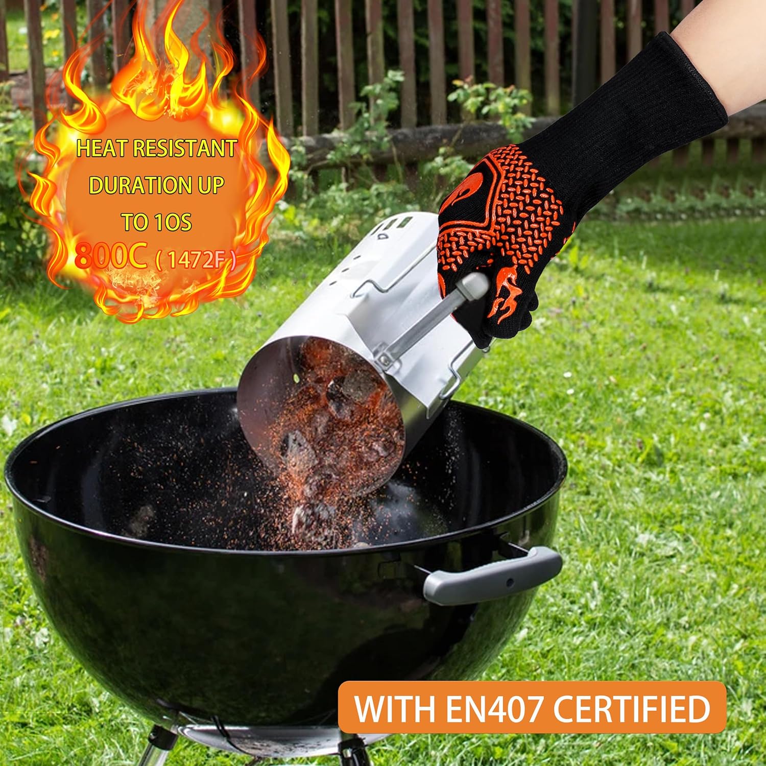 BBQ Fireproof Gloves, Grill Cut-Resistant Gloves 1472°F Heat Resistant Gloves, Non-Slip Silicone Oven Gloves, Kitchen Safe Cooking Gloves for Oven Mitts,Barbecue,Cooking, Frying,13.5 Inch-Orange