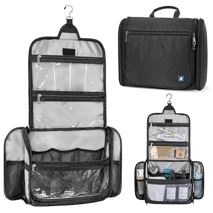 PAVILIA Large Hanging Toiletry Bag Travel Bag Women Men, Cosmetic Organizer, Water Resistant Makeup Bag Accessories Toiletries, Travel Essentials Kit, Black