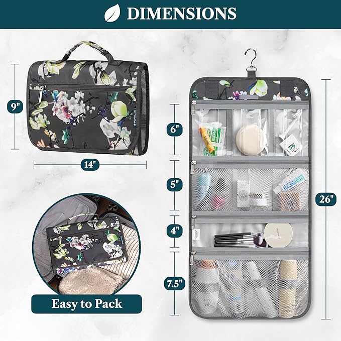 PAVILIA Hanging Toiletry Bag Women Men, Travel Kit Foldable Large Toiletries Organizer, Roll up Cosmetics Makeup Bag Accessories, Waterproof Essentials Jewelry Case (Floral Grey)
