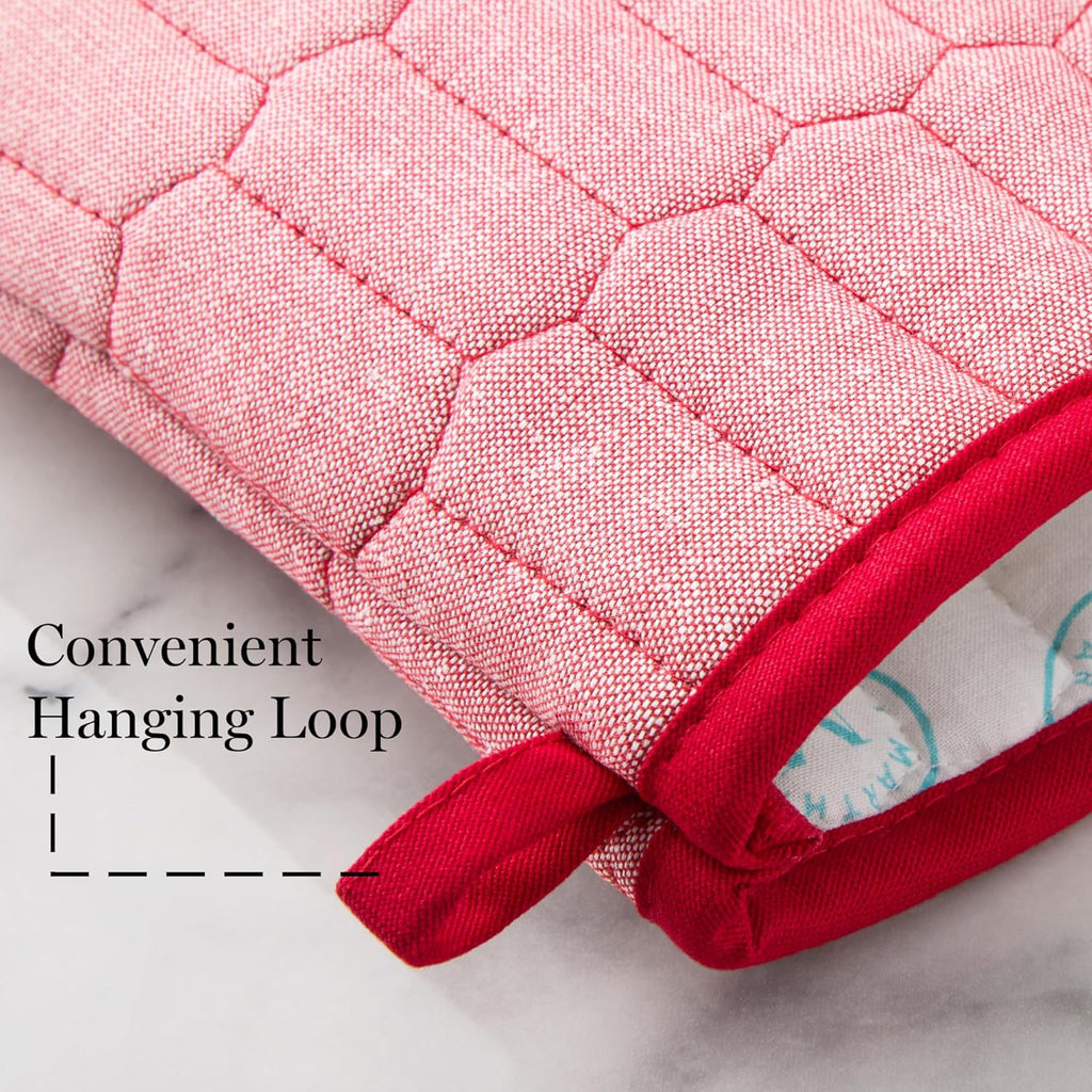 MARTHA STEWART Honeycomb Quilted Chambray Oven Mitt 2-Pack Set, 100% Cotton, Heat Resistant, Flexible Grip, Red, 7"x13"