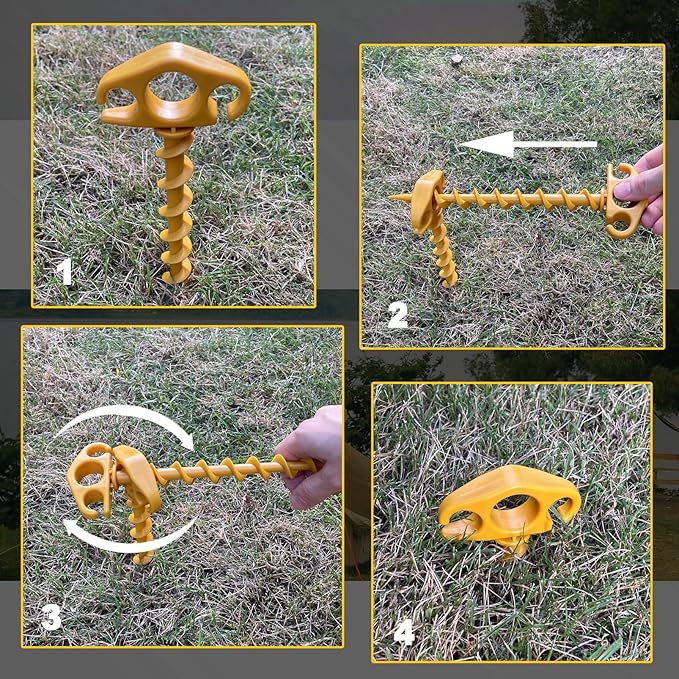 Tent Stakes Sand Stakes for Beach Tent 6 Pack Spiral Anchor Stakes 9.4 Inch Heavy Duty Screw Canopy Stakes for Camping, Hiking and More (6, Yellow)