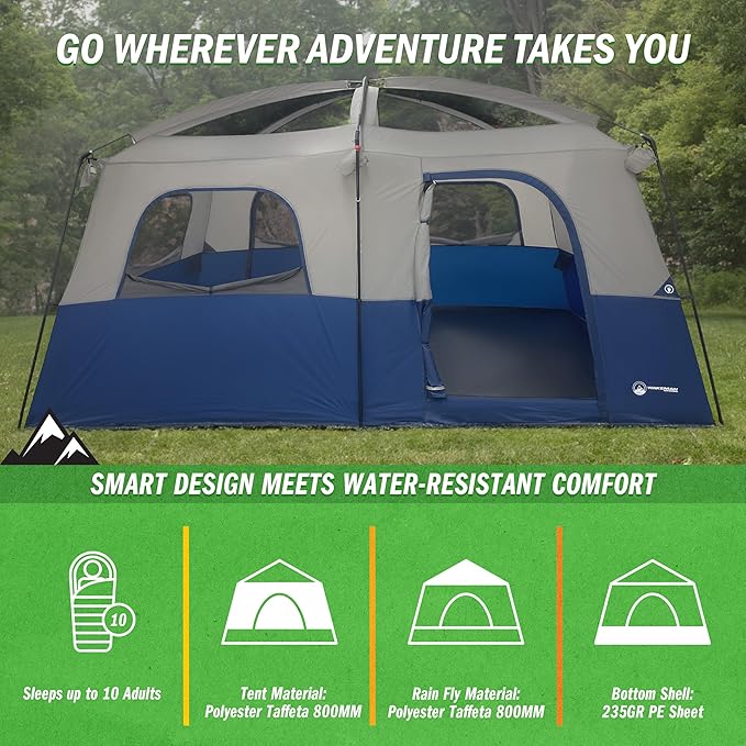 10 Person Camping Tent - Large Outdoor Tent with Room Divider and Rainfly - Family Camping House with 2 Doors and 4 Screen Windows by Wakeman Outdoors (Navy)