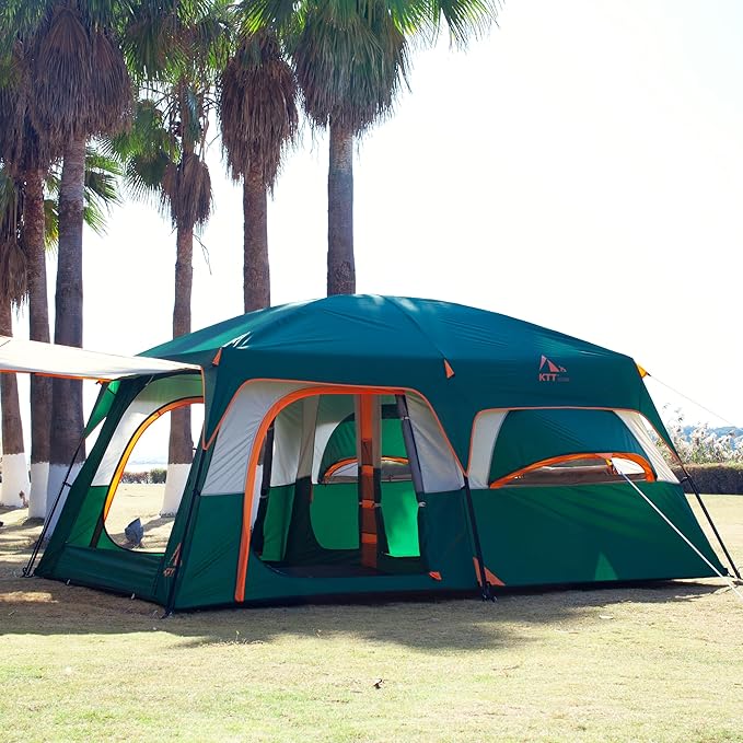 KTT Extra Large Tent 10-12-14 Person(B),Family Cabin Tents,2 Rooms,3 Doors and 3 Windows with Mesh,Straight Wall,Waterproof,Double Layer,Big Tent for Outdoor,Picnic,Camping,Family Gathering
