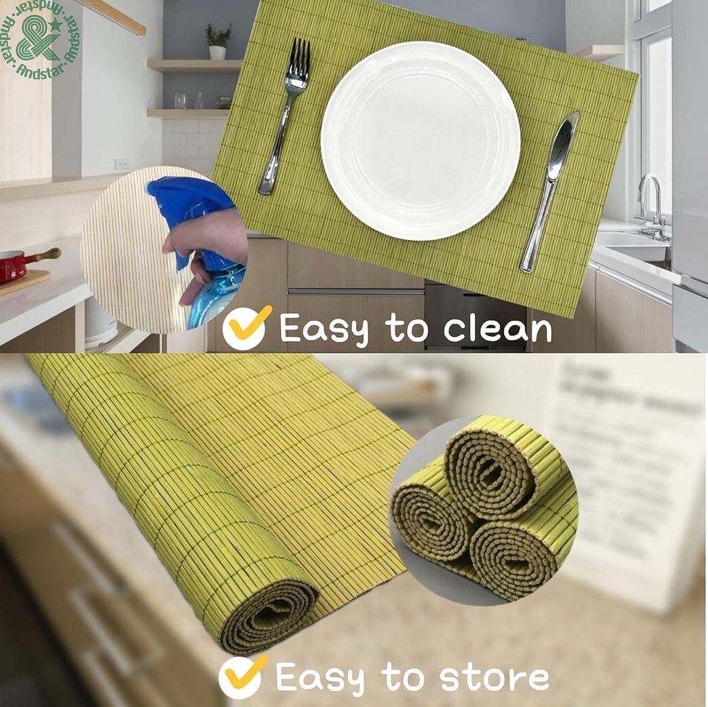 ANDSTAR Set of 8 Pcs Bamboo Placemats Sushi Rolling Mat Japanese Style Natural Anti-Slip Bamboo Placemats Washable Heat-Resistant Table Mats for Dining Room and Kitchen（Green）