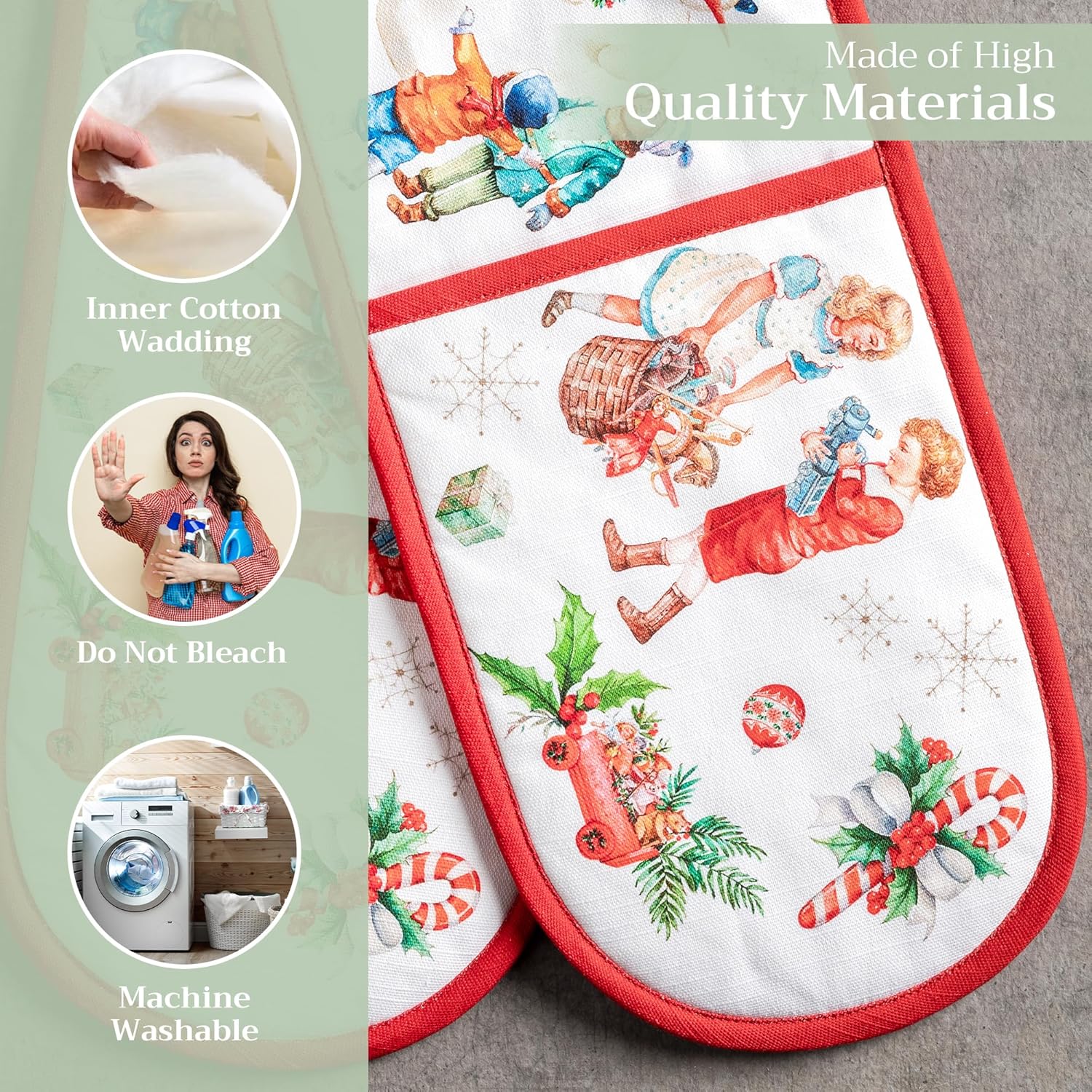 Maison d' Hermine Double Oven Mitts 100% Cotton 7"x35" Double Oven Mitt Heat Resistant BBQ Cooking Gloves with Loop, Baking, Grilling, Home, Kitchen, Handling Hot Pans (Chromo)