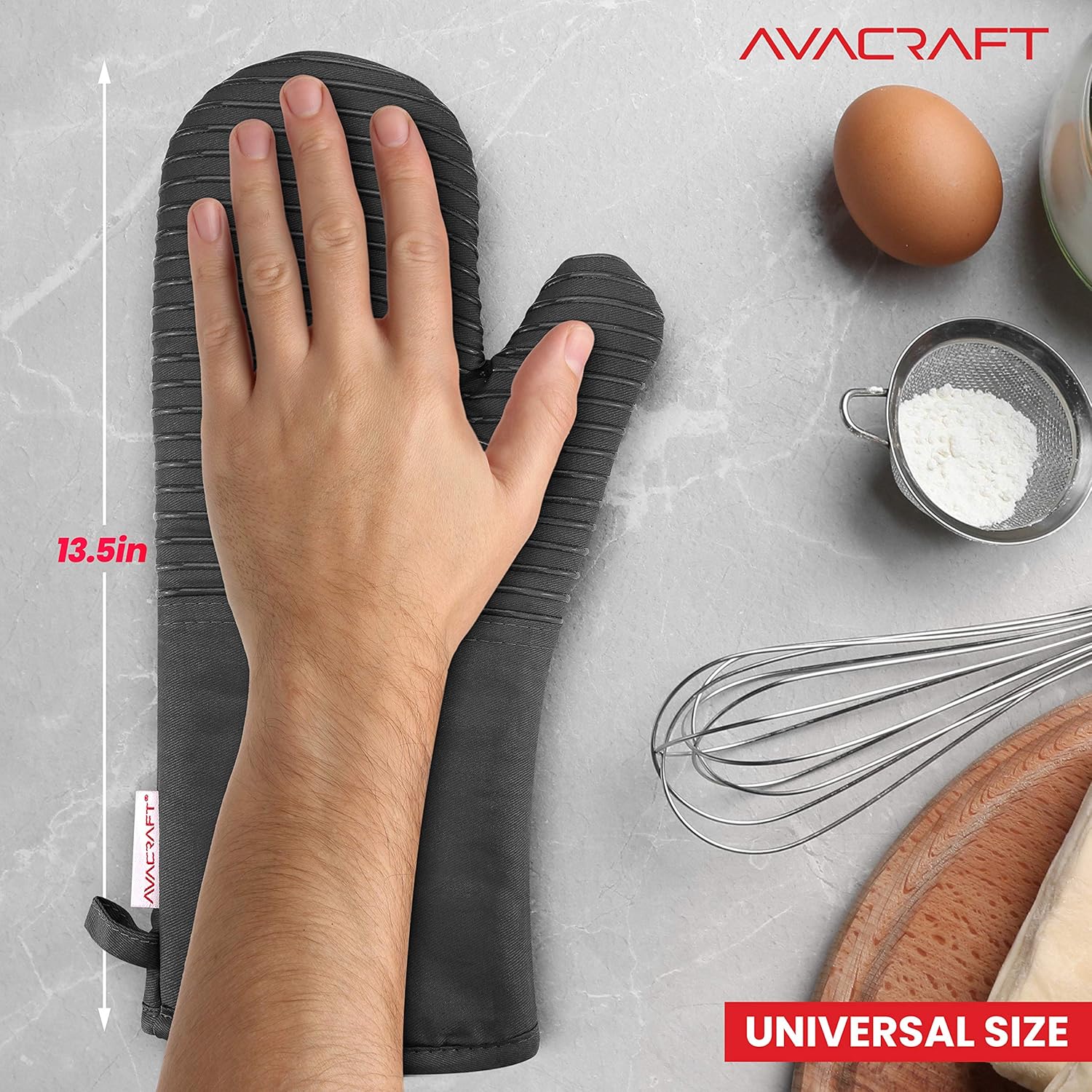 AVACRAFT Oven Mitts Pair, Flexible, 100% Cotton with Unique Heat Resistant Food Grade Silicone, Thick Terry Cloth Interior, 500 F Heat Resistant (Grey Oven Mitts)