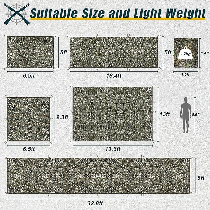 iunio Camo Netting Camouflage Netting, Silent Military Net, Large Bulk Roll Mesh, for Hunting Blind Cover Backdrop Camo Themed Birthday Party, Sun Shade, Camping, Outdoor, with mesh Backing