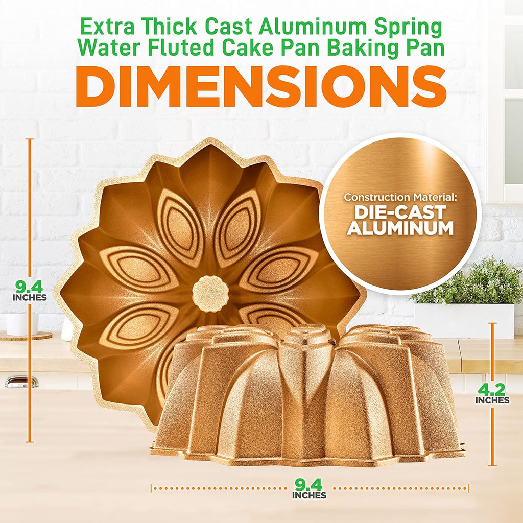 NutriChef 9-Inch Cake Pan, Thick and Heavy Cast Aluminum Cake Molds with 2 Layers of Nonstick Coating - Bloom Flower Design for Uniform Baking Up To 500 Degrees - Easy to Clean, Gold