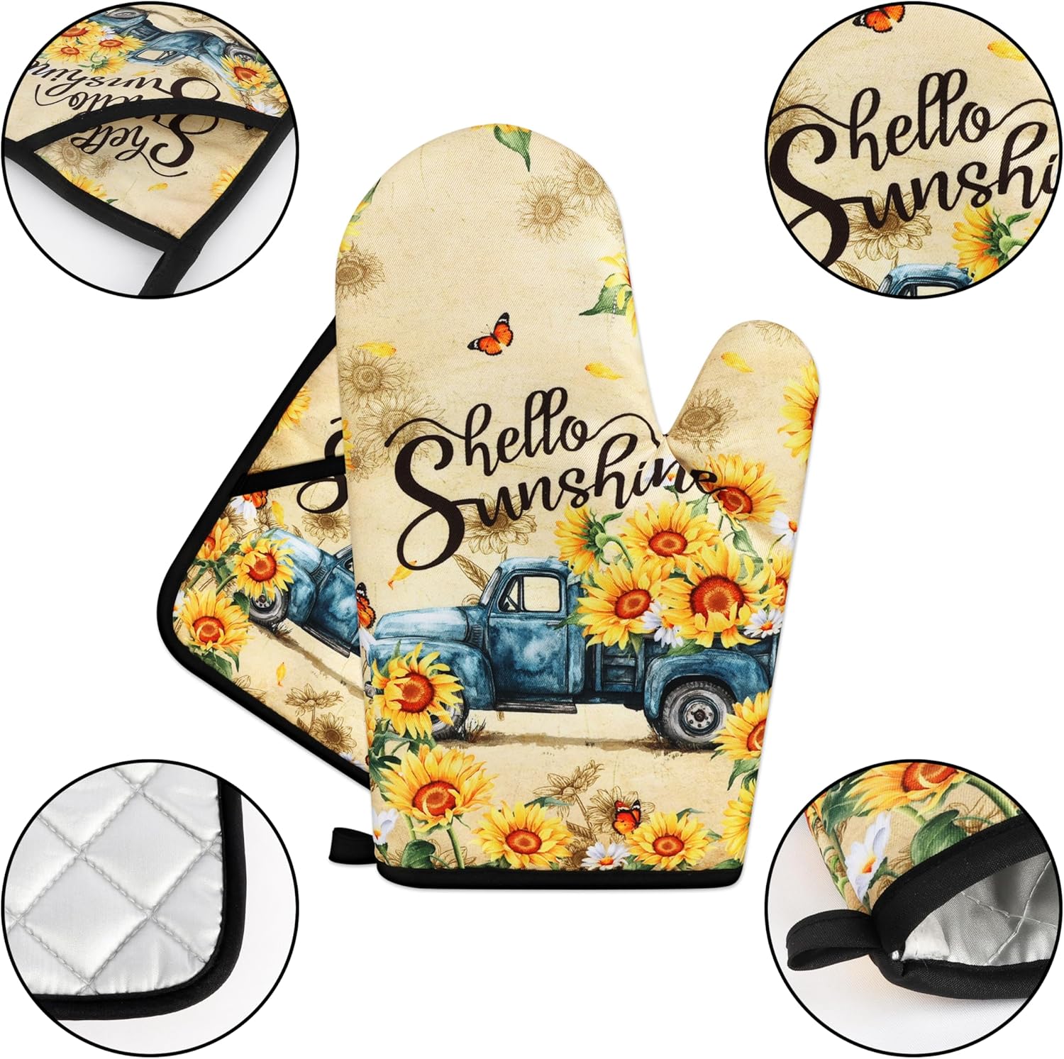 Sunflower Oven Mitts and Pot Holders Sets Vintage Floral Oven Gloves Heat Resistant 4 Pcs Farmhouse Decorative Kitchen Hot Pads and Mitts for Baking Cooking Grilling