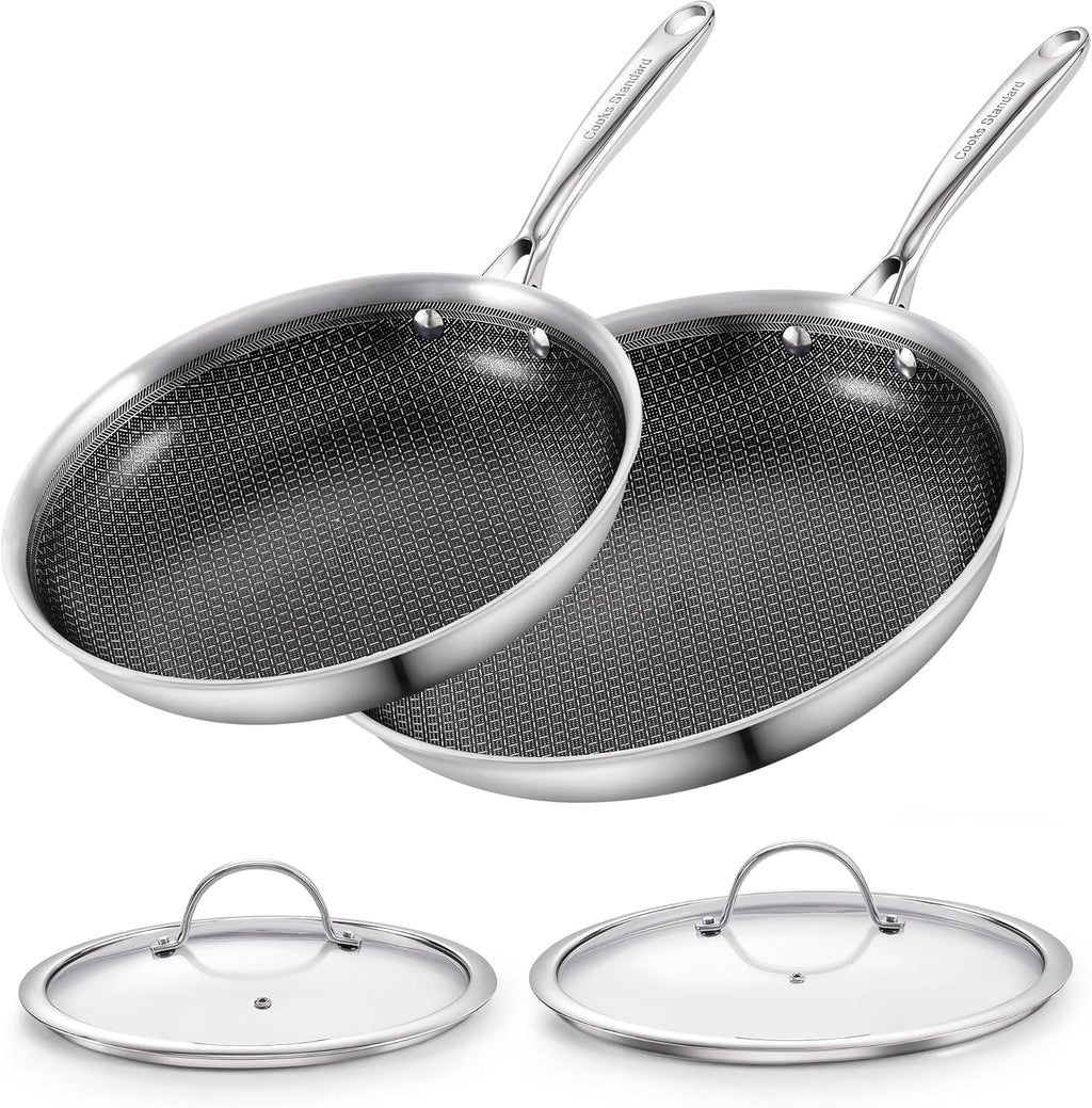 Cooks Standard Hybrid Nonstick Frying Pan Set, 10 and 12-Inch Multi-Ply Clad Stainless Steel 2 Piece Skillet with Tempered Glass Lids, Oven Safe, Compatible with All Stovetops