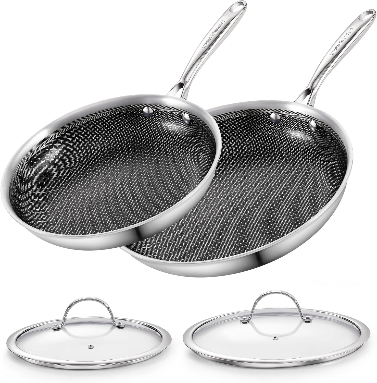 Cooks Standard Hybrid Nonstick Frying Pan Set, 10 and 12-Inch Multi-Ply Clad Stainless Steel 2 Piece Skillet with Tempered Glass Lids, Oven Safe, Compatible with All Stovetops