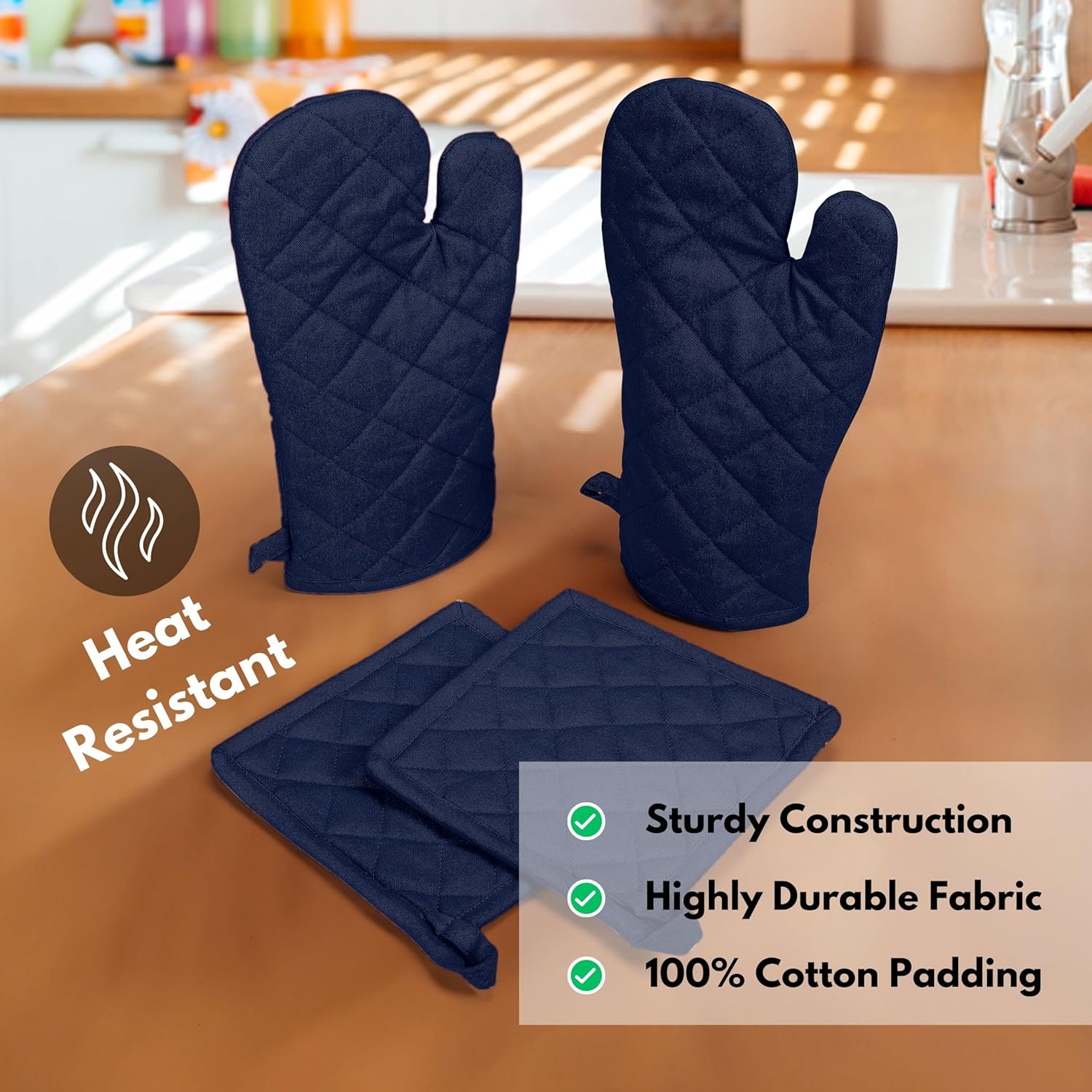 Native Fab 4 Piece Set - 2 Oven Mitts & 2 Potholders, Heat Resistant, 100% Cotton, Quilted Design, Non-Slip Grip, Machine Washable, Ideal for Baking, Cooking, BBQ, Kitchen Protection - Navy Blue