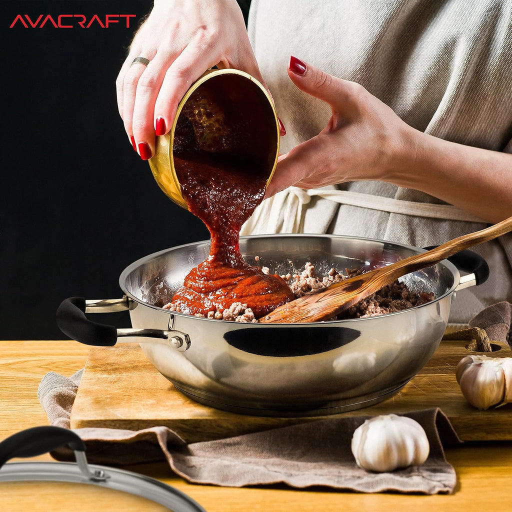 AVACRAFT 18/10 Stainless Steel Everyday Pan, Stir Fry Pan with Five-Ply Base, Chef’s Pan with Glass Lid, Multipurpose Stewpot Skillet, Saute Pan, Casserole in Pots and Pans (9 Inch)