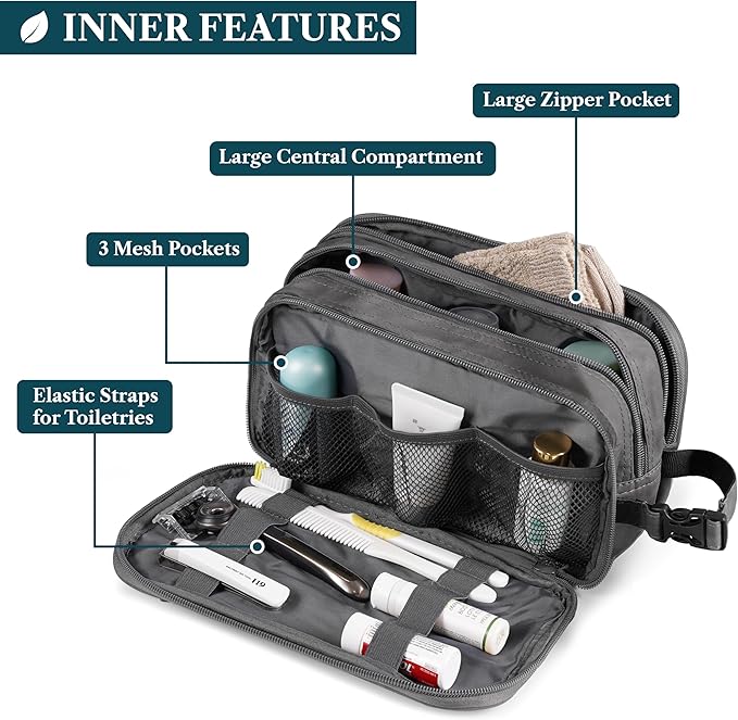 PAVILIA Toiletry Bag for Men, Travel Toiletries Bag | Water-resistant Dopp Kit, PU Leather Shaving Pouch Organizer for Accessories, Cosmetic, Hygiene, Grooming Essentials (Black)