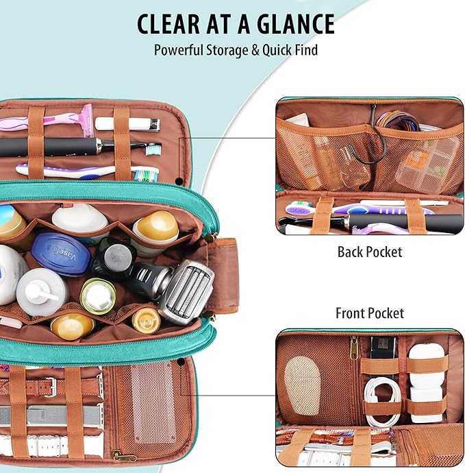 Travel Toiletry Bag for Men, Large Hanging Toiletries Organizer Bags for Women, Cruise Ship Essentials, Water-resistant Shaving Case, PU Leather Makeup Accessories, Cosmetic Dopp Kit, Lake Blue