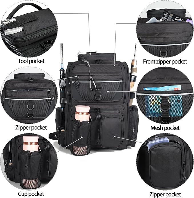 Fishing Tackle Backpack With Rod Holders, Large 40L Fishing Backpack for Camping, Hiking