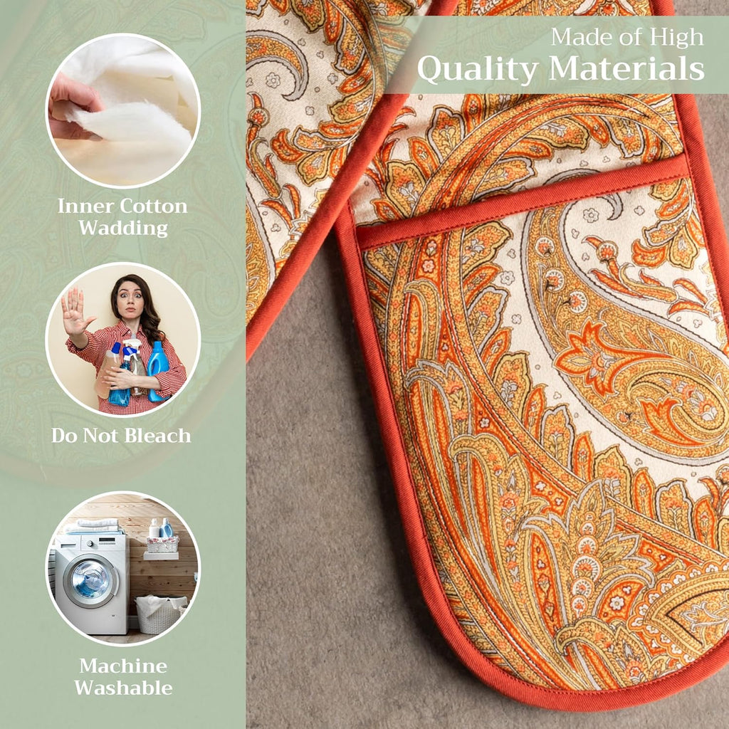 Maison d' Hermine Double Oven Mitts 100% Cotton 7"x35" Double Oven Mitt Heat Resistant BBQ Cooking Gloves with Loop, Baking, Grilling, Home, Kitchen, Handling Hot Pans (Kashmir Paisley)
