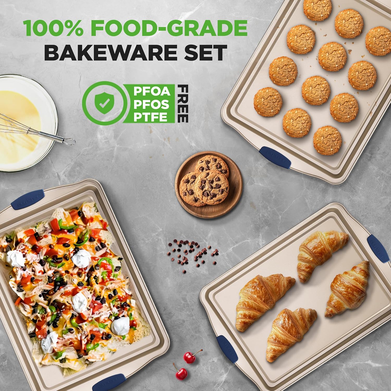 NutriChef 3-Piece Nonstick Bakeware Set - Premium Carbon Steel Oven Baking Trays w/Blue Silicone Handles - Small, Medium & Large Cookie Sheet Pans - PFOS, PFOA, PTFE-Free, Easy to Clean