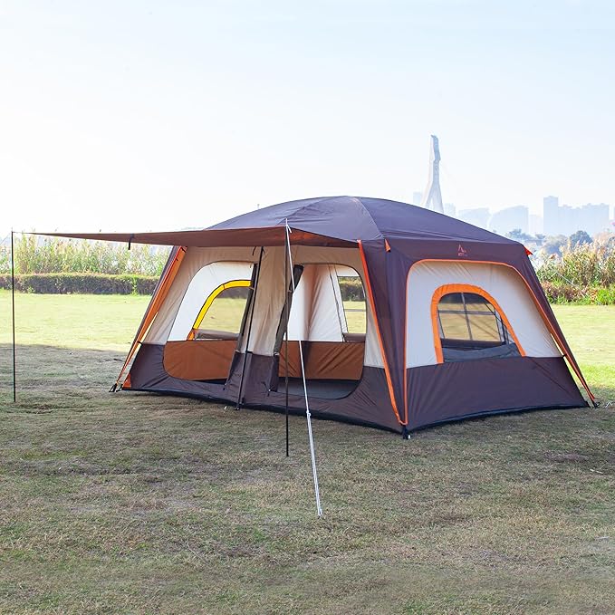 KTT Extra Large Tent 10-12-14 Person(A),Family Cabin Tents,2 Rooms,3 Doors and 3 Windows with Mesh,Straight Wall,Waterproof,Double Layer,Big Tent for Outdoor,Picnic,Camping,Family Gathering
