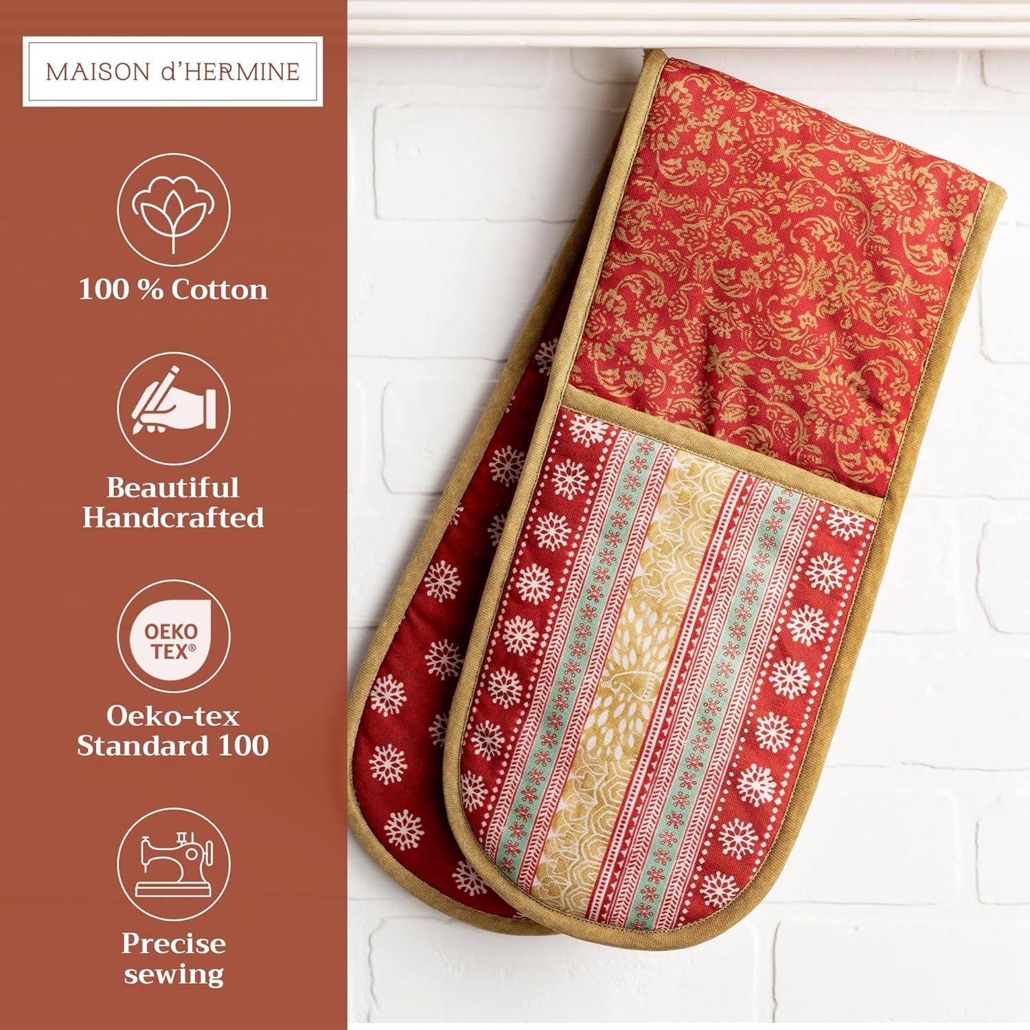 Maison d' Hermine Double Oven Mitts 100% Cotton 7"x35" Double Oven Mitt Heat Resistant BBQ Cooking Gloves with Loop, Baking, Grilling, Home, Kitchen, Handling Hot Pans (Sofia)