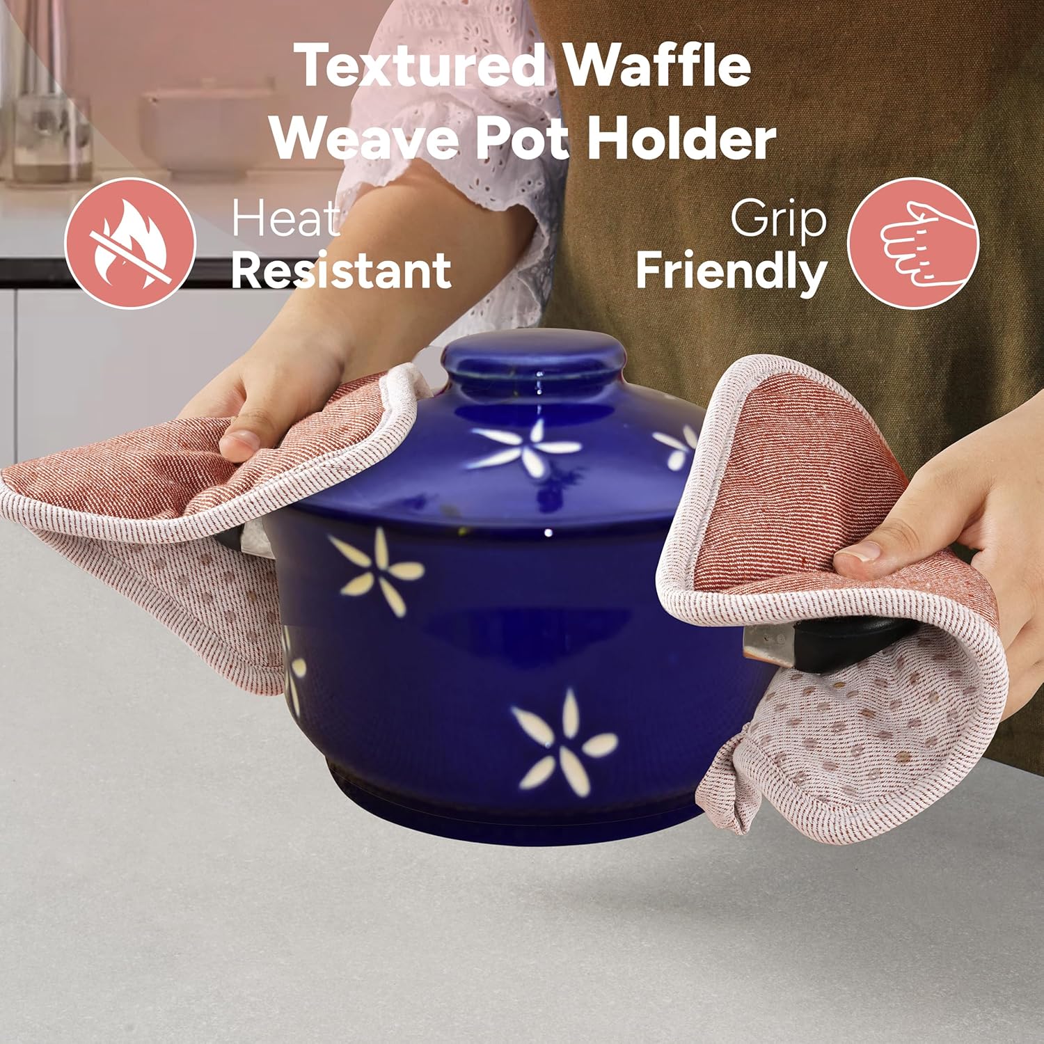 Casa Platino Cute Oven Mitts & Pot Holders, 4-Piece – Oven Mitts Heat Resistant for Grilling & Baking, Pot Holder for Hot Cookware & Microwave – Withstands Up to 500°F, Non-Slip – Canyon Rose