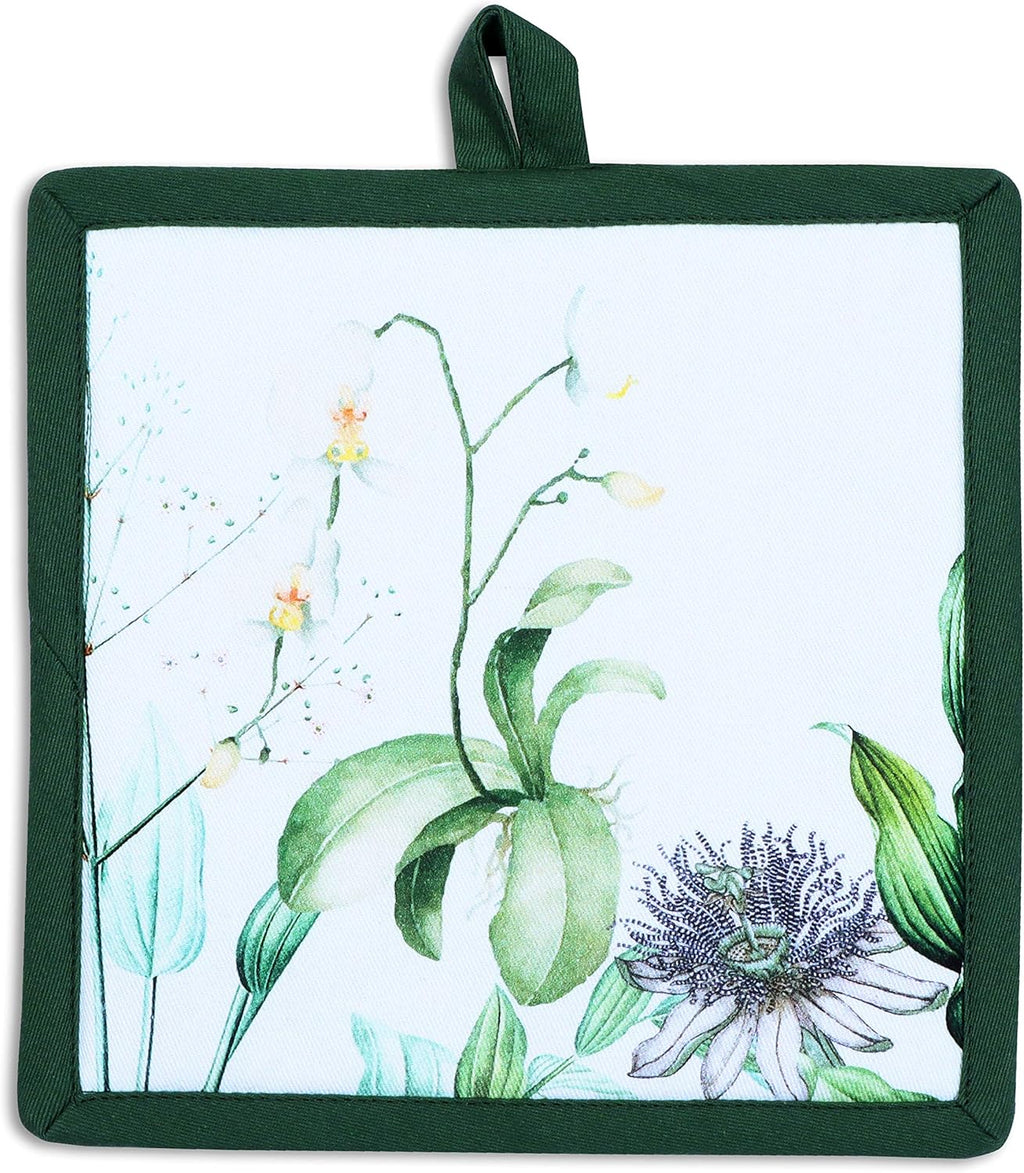AMOUR INFINI Pot Holders Heat Resistant Cotton Set of 2 Nonslip 8"x8" Inch Hot Pads for Kitchen, BBQ, Baking & Cooking with Hanging Loops (Floral Shrubs)