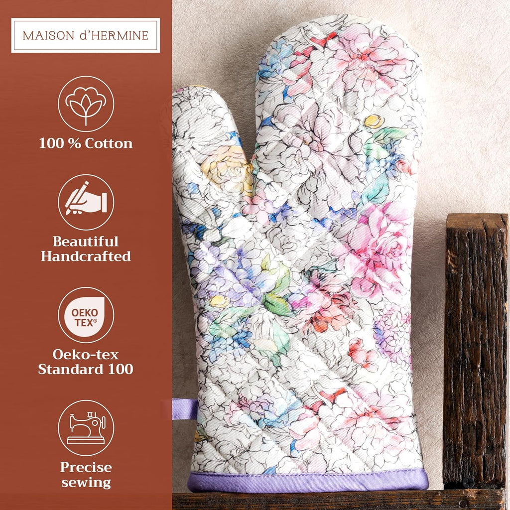 Maison d' Hermine Oven Gloves 100% Cotton Oven Mitt 7" x 13" with Loop Heat Resistant, BBQ, Cooking Gloves, Baking, Grilling, Kitchen, Handling Hot Pans Spring/Summer (Pack of 1, Floral Love)