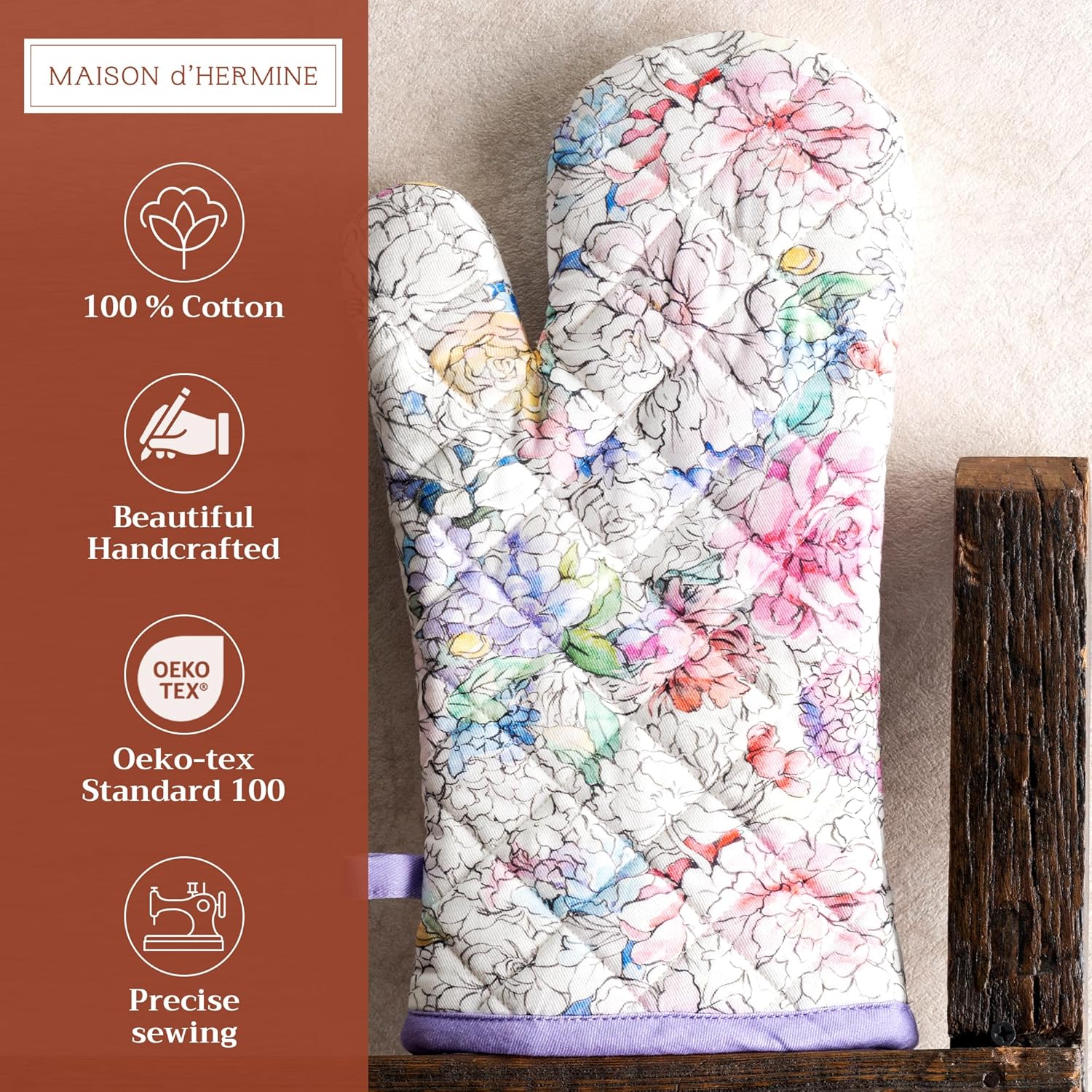 Maison d' Hermine Oven Gloves 100% Cotton Oven Mitt 7" x 13" with Loop Heat Resistant, BBQ, Cooking Gloves, Baking, Grilling, Kitchen, Handling Hot Pans Spring/Summer (Pack of 1, Floral Love)