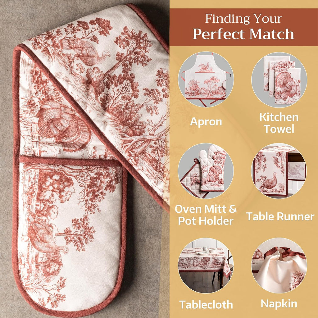 Maison d' Hermine Double Oven Mitt 100% Cotton Heat Resistant Cooking Gloves with Loop, Baking Barbeque, Handling Hot Pan, Holy Jouy - Brown - Thanksgiving/Christmas (7 Inch x 35 Inch)