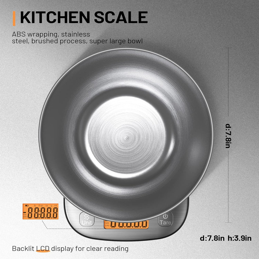 Food Kitchen Scale Digital Weight Grams and Oz with IPX6 Waterproof，Professional Stainless Steel Digital Kitchen Food Scale 11lb/0.01oz with Bowl for Weight Loss Dieting Baking Cooking